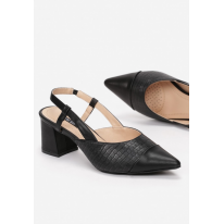Women's pumps on a medium high post. Open heel with a strap with a separate buckle. Made of eco-leather. 3396-38-black