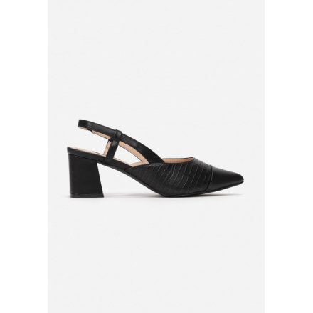 Women's pumps on a medium high post. Open heel with a strap with a separate buckle. Made of eco-leather. 3396-38-black